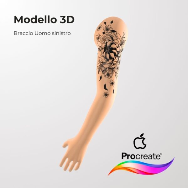 3D Model Procreate tattoo - Braccio Uomo SX - <h4><strong>Modello 3D Procreate per Simulare l'anteprima interattiva del tatuaggio</strong></h4> <img class="alignnone size-full wp-image-1204" src="https://www.artegraffa.it/wp-content/uploads/2024/05/2-3.png" alt="" width="313" height="94" data-wp-editing="1" /> <ul> <li><strong>7 livelli Colore</strong> della pelle</li> <li><strong>1 livello righello</strong> per squadratura stancil</li> <li><strong>1 livello Texture 2D</strong> realistica</li> <li><strong>Importa o disegna</strong> il tuo progetto</li> <li><strong>Compatibile con Procreate</strong> App (disponibile solo per <strong>Apple iPad</strong>)</li> <li><strong>Prodotto digitale</strong> pronto al download</li> <li><strong>Facile da installare</strong> su Procreate</li> <li><a href="https://www.artegraffa.it/installazione-del-prodotto/"><strong>Istruzioni d'installazione</strong></a></li> </ul> <strong>DOWNLOAD ILLIMITATI </strong> <em>Per scaricare i tuoi prodotti dal sito ArteGraffa® devi </em><strong><a href="https://www.artegraffa.it/mio-account/" target="_blank" rel="noopener">Creare la tua utenza</a></strong> <img class="alignnone wp-image-1203 size-full" src="https://www.artegraffa.it/wp-content/uploads/2024/05/1-4.png" alt="" width="313" height="94" />