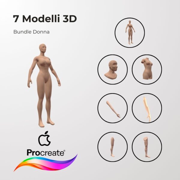 Bundle Pack Donna - 3D Model - <h4><strong>7 ModellI 3D Procreate per Simulare l'anteprima interattiva del tatuaggio</strong></h4> <img class="alignnone size-full wp-image-1204" src="https://www.artegraffa.it/wp-content/uploads/2024/05/2-3.png" alt="" width="313" height="94" data-wp-editing="1" /> <strong>MODELLI:</strong> <ul> <li><strong>Testa</strong></li> <li><strong>Braccio donna Dx</strong></li> <li><strong>Braccio donna Sx</strong></li> <li><strong>Gamba donna Dx</strong></li> <li><strong>Gamba donna Sx</strong></li> <li><strong>Busto donna</strong></li> <li><strong>Corpo completo donna</strong></li> </ul>   <ul> <li><strong>7 livelli Colore</strong> della pelle</li> <li><strong>1 livello righello</strong> per squadratura stancil</li> <li><strong>1 livello Texture 2D</strong> realistica</li> <li><strong>Importa o disegna</strong> il tuo progetto</li> <li><strong>Compatibile con Procreate</strong> App (disponibile solo per <strong>Apple iPad</strong>)</li> <li><strong>Prodotto digitale</strong> pronto al download</li> <li><strong>Facile da installare</strong> su Procreate</li> <li><a href="https://www.artegraffa.it/installazione-del-prodotto/"><strong>Istruzioni d'installazione</strong></a></li> </ul> <strong>DOWNLOAD ILLIMITATI </strong> <em>Per scaricare i tuoi prodotti dal sito ArteGraffa® devi </em><strong><a href="https://www.artegraffa.it/mio-account/" target="_blank" rel="noopener">Creare la tua utenza</a></strong> <img class="alignnone wp-image-1203 size-full" src="https://www.artegraffa.it/wp-content/uploads/2024/05/1-4.png" alt="" width="313" height="94" />