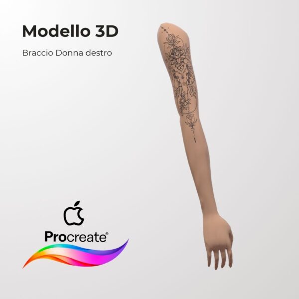 3D Model Procreate tattoo - Braccio Donna DX - <h4><strong>Modello 3D Procreate per Simulare l'anteprima interattiva del tatuaggio</strong></h4> <img class="alignnone size-full wp-image-1204" src="https://www.artegraffa.it/wp-content/uploads/2024/05/2-3.png" alt="" width="313" height="94" data-wp-editing="1" /> <ul> <li><strong>7 livelli Colore</strong> della pelle</li> <li><strong>1 livello righello</strong> per squadratura stancil</li> <li><strong>1 livello Texture 2D</strong> realistica</li> <li><strong>Importa o disegna</strong> il tuo progetto</li> <li><strong>Compatibile con Procreate</strong> App (disponibile solo per <strong>Apple iPad</strong>)</li> <li><strong>Prodotto digitale</strong> pronto al download</li> <li><strong>Facile da installare</strong> su Procreate</li> <li><a href="https://www.artegraffa.it/installazione-del-prodotto/"><strong>Istruzioni d'installazione</strong></a></li> </ul> <strong>DOWNLOAD ILLIMITATI </strong> <em>Per scaricare i tuoi prodotti dal sito ArteGraffa® devi </em><strong><a href="https://www.artegraffa.it/mio-account/" target="_blank" rel="noopener">Creare la tua utenza</a></strong> <img class="alignnone wp-image-1203 size-full" src="https://www.artegraffa.it/wp-content/uploads/2024/05/1-4.png" alt="" width="313" height="94" />