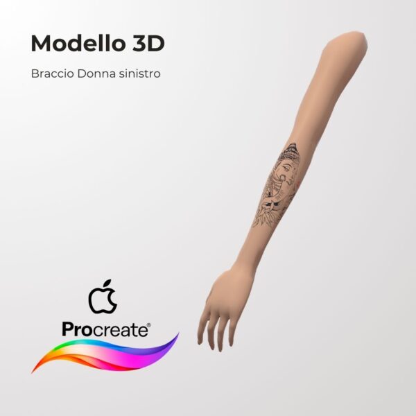 3D Model Procreate tattoo - Braccio Donna SX - <h4><strong>Modello 3D Procreate per Simulare l'anteprima interattiva del tatuaggio</strong></h4> <img class="alignnone size-full wp-image-1204" src="https://www.artegraffa.it/wp-content/uploads/2024/05/2-3.png" alt="" width="313" height="94" data-wp-editing="1" /> <ul> <li><strong>7 livelli Colore</strong> della pelle</li> <li><strong>1 livello righello</strong> per squadratura stancil</li> <li><strong>1 livello Texture 2D</strong> realistica</li> <li><strong>Importa o disegna</strong> il tuo progetto</li> <li><strong>Compatibile con Procreate</strong> App (disponibile solo per <strong>Apple iPad</strong>)</li> <li><strong>Prodotto digitale</strong> pronto al download</li> <li><strong>Facile da installare</strong> su Procreate</li> <li><a href="https://www.artegraffa.it/installazione-del-prodotto/"><strong>Istruzioni d'installazione</strong></a></li> </ul> <strong>DOWNLOAD ILLIMITATI </strong> <em>Per scaricare i tuoi prodotti dal sito ArteGraffa® devi </em><strong><a href="https://www.artegraffa.it/mio-account/" target="_blank" rel="noopener">Creare la tua utenza</a></strong> <img class="alignnone wp-image-1203 size-full" src="https://www.artegraffa.it/wp-content/uploads/2024/05/1-4.png" alt="" width="313" height="94" />