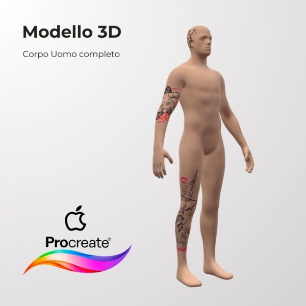 3D Model Procreate tattoo - Corpo Uomo Completo - <h4><strong>Modello 3D Procreate per Simulare l'anteprima interattiva del tatuaggio</strong></h4> <img class="alignnone size-full wp-image-1204" src="https://www.artegraffa.it/wp-content/uploads/2024/05/2-3.png" alt="" width="313" height="94" data-wp-editing="1" /> <ul> <li><strong>7 livelli Colore</strong> della pelle</li> <li><strong>1 livello righello</strong> per squadratura stancil</li> <li><strong>1 livello Texture 2D</strong> realistica</li> <li><strong>Importa o disegna</strong> il tuo progetto</li> <li><strong>Compatibile con Procreate</strong> App (disponibile solo per <strong>Apple iPad</strong>)</li> <li><strong>Prodotto digitale</strong> pronto al download</li> <li><strong>Facile da installare</strong> su Procreate</li> <li><a href="https://www.artegraffa.it/installazione-del-prodotto/"><strong>Istruzioni d'installazione</strong></a></li> </ul> <strong>DOWNLOAD ILLIMITATI </strong> <em>Per scaricare i tuoi prodotti dal sito ArteGraffa® devi </em><strong><a href="https://www.artegraffa.it/mio-account/" target="_blank" rel="noopener">Creare la tua utenza</a></strong> <img class="alignnone wp-image-1203 size-full" src="https://www.artegraffa.it/wp-content/uploads/2024/05/1-4.png" alt="" width="313" height="94" />