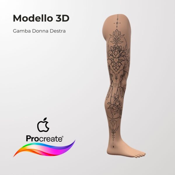 3D Model Procreate tattoo - Gamba Donna DX - <h4><strong>Modello 3D Procreate per Simulare l'anteprima interattiva del tatuaggio</strong></h4> <img class="alignnone size-full wp-image-1204" src="https://www.artegraffa.it/wp-content/uploads/2024/05/2-3.png" alt="" width="313" height="94" data-wp-editing="1" /> <ul> <li><strong>7 livelli Colore</strong> della pelle</li> <li><strong>1 livello righello</strong> per squadratura stancil</li> <li><strong>1 livello Texture 2D</strong> realistica</li> <li><strong>Importa o disegna</strong> il tuo progetto</li> <li><strong>Compatibile con Procreate</strong> App (disponibile solo per <strong>Apple iPad</strong>)</li> <li><strong>Prodotto digitale</strong> pronto al download</li> <li><strong>Facile da installare</strong> su Procreate</li> <li><a href="https://www.artegraffa.it/installazione-del-prodotto/"><strong>Istruzioni d'installazione</strong></a></li> </ul> <strong>DOWNLOAD ILLIMITATI </strong> <em>Per scaricare i tuoi prodotti dal sito ArteGraffa® devi </em><strong><a href="https://www.artegraffa.it/mio-account/" target="_blank" rel="noopener">Creare la tua utenza</a></strong> <img class="alignnone wp-image-1203 size-full" src="https://www.artegraffa.it/wp-content/uploads/2024/05/1-4.png" alt="" width="313" height="94" />