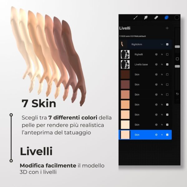3D Model Procreate tattoo - Braccio Uomo SX - <h4><strong>Modello 3D Procreate per Simulare l'anteprima interattiva del tatuaggio</strong></h4> <img class="alignnone size-full wp-image-1204" src="https://www.artegraffa.it/wp-content/uploads/2024/05/2-3.png" alt="" width="313" height="94" data-wp-editing="1" /> <ul> <li><strong>7 livelli Colore</strong> della pelle</li> <li><strong>1 livello righello</strong> per squadratura stancil</li> <li><strong>1 livello Texture 2D</strong> realistica</li> <li><strong>Importa o disegna</strong> il tuo progetto</li> <li><strong>Compatibile con Procreate</strong> App (disponibile solo per <strong>Apple iPad</strong>)</li> <li><strong>Prodotto digitale</strong> pronto al download</li> <li><strong>Facile da installare</strong> su Procreate</li> <li><a href="https://www.artegraffa.it/installazione-del-prodotto/"><strong>Istruzioni d'installazione</strong></a></li> </ul> <strong>DOWNLOAD ILLIMITATI </strong> <em>Per scaricare i tuoi prodotti dal sito ArteGraffa® devi </em><strong><a href="https://www.artegraffa.it/mio-account/" target="_blank" rel="noopener">Creare la tua utenza</a></strong> <img class="alignnone wp-image-1203 size-full" src="https://www.artegraffa.it/wp-content/uploads/2024/05/1-4.png" alt="" width="313" height="94" />