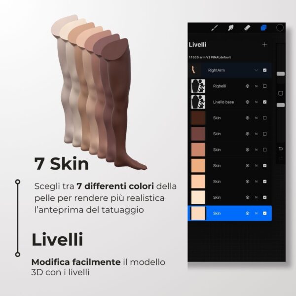 3D Model Procreate tattoo - Gamba Donna SX - <h4><strong>Modello 3D Procreate per Simulare l'anteprima interattiva del tatuaggio</strong></h4> <img class="alignnone size-full wp-image-1204" src="https://www.artegraffa.it/wp-content/uploads/2024/05/2-3.png" alt="" width="313" height="94" data-wp-editing="1" /> <ul> <li><strong>7 livelli Colore</strong> della pelle</li> <li><strong>1 livello righello</strong> per squadratura stancil</li> <li><strong>1 livello Texture 2D</strong> realistica</li> <li><strong>Importa o disegna</strong> il tuo progetto</li> <li><strong>Compatibile con Procreate</strong> App (disponibile solo per <strong>Apple iPad</strong>)</li> <li><strong>Prodotto digitale</strong> pronto al download</li> <li><strong>Facile da installare</strong> su Procreate</li> <li><a href="https://www.artegraffa.it/installazione-del-prodotto/"><strong>Istruzioni d'installazione</strong></a></li> </ul> <strong>DOWNLOAD ILLIMITATI </strong> <em>Per scaricare i tuoi prodotti dal sito ArteGraffa® devi </em><strong><a href="https://www.artegraffa.it/mio-account/" target="_blank" rel="noopener">Creare la tua utenza</a></strong> <img class="alignnone wp-image-1203 size-full" src="https://www.artegraffa.it/wp-content/uploads/2024/05/1-4.png" alt="" width="313" height="94" />