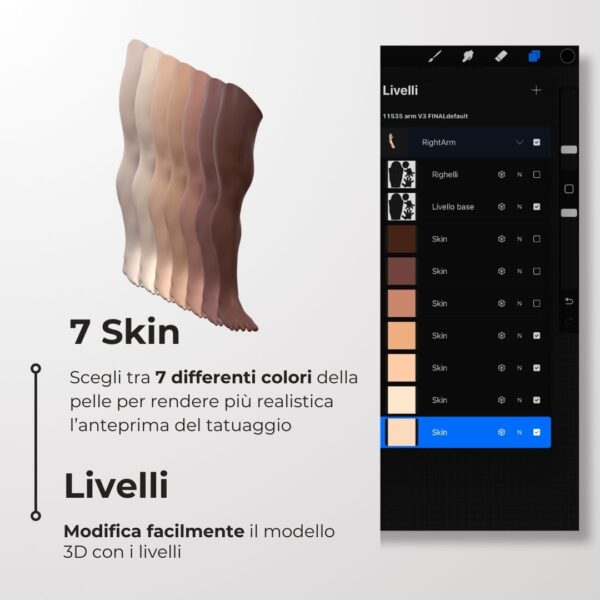 3D Model Procreate tattoo - Gamba Uomo DX - <h4><strong>Modello 3D Procreate per Simulare l'anteprima interattiva del tatuaggio</strong></h4> <img class="alignnone size-full wp-image-1204" src="https://www.artegraffa.it/wp-content/uploads/2024/05/2-3.png" alt="" width="313" height="94" data-wp-editing="1" /> <ul> <li><strong>7 livelli Colore</strong> della pelle</li> <li><strong>1 livello righello</strong> per squadratura stancil</li> <li><strong>1 livello Texture 2D</strong> realistica</li> <li><strong>Importa o disegna</strong> il tuo progetto</li> <li><strong>Compatibile con Procreate</strong> App (disponibile solo per <strong>Apple iPad</strong>)</li> <li><strong>Prodotto digitale</strong> pronto al download</li> <li><strong>Facile da installare</strong> su Procreate</li> <li><a href="https://www.artegraffa.it/installazione-del-prodotto/"><strong>Istruzioni d'installazione</strong></a></li> </ul> <strong>DOWNLOAD ILLIMITATI </strong> <em>Per scaricare i tuoi prodotti dal sito ArteGraffa® devi </em><strong><a href="https://www.artegraffa.it/mio-account/" target="_blank" rel="noopener">Creare la tua utenza</a></strong> <img class="alignnone wp-image-1203 size-full" src="https://www.artegraffa.it/wp-content/uploads/2024/05/1-4.png" alt="" width="313" height="94" />