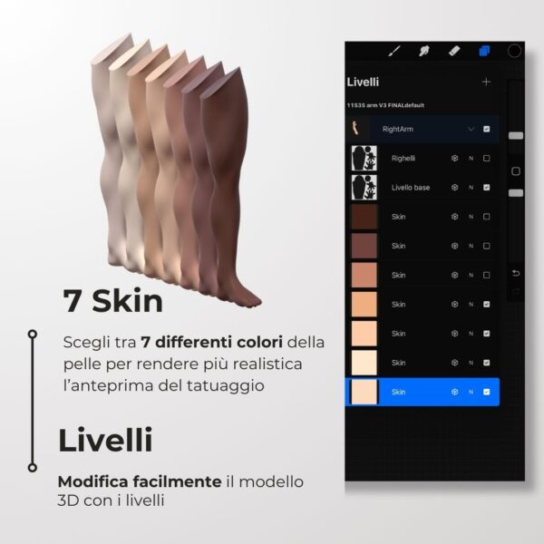 3D Model Procreate tattoo - Gamba Uomo SX - <h4><strong>Modello 3D Procreate per Simulare l'anteprima interattiva del tatuaggio</strong></h4> <img class="alignnone size-full wp-image-1204" src="https://www.artegraffa.it/wp-content/uploads/2024/05/2-3.png" alt="" width="313" height="94" data-wp-editing="1" /> <ul> <li><strong>7 livelli Colore</strong> della pelle</li> <li><strong>1 livello righello</strong> per squadratura stancil</li> <li><strong>1 livello Texture 2D</strong> realistica</li> <li><strong>Importa o disegna</strong> il tuo progetto</li> <li><strong>Compatibile con Procreate</strong> App (disponibile solo per <strong>Apple iPad</strong>)</li> <li><strong>Prodotto digitale</strong> pronto al download</li> <li><strong>Facile da installare</strong> su Procreate</li> <li><a href="https://www.artegraffa.it/installazione-del-prodotto/"><strong>Istruzioni d'installazione</strong></a></li> </ul> <strong>DOWNLOAD ILLIMITATI </strong> <em>Per scaricare i tuoi prodotti dal sito ArteGraffa® devi </em><strong><a href="https://www.artegraffa.it/mio-account/" target="_blank" rel="noopener">Creare la tua utenza</a></strong> <img class="alignnone wp-image-1203 size-full" src="https://www.artegraffa.it/wp-content/uploads/2024/05/1-4.png" alt="" width="313" height="94" />