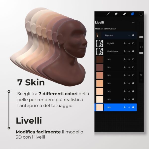 3D Model Procreate tattoo - Testa - <h4><strong>Modello 3D Procreate per Simulare l'anteprima interattiva del tatuaggio</strong></h4> <img class="alignnone size-full wp-image-1204" src="https://www.artegraffa.it/wp-content/uploads/2024/05/2-3.png" alt="" width="313" height="94" data-wp-editing="1" /> <ul> <li><strong>7 livelli Colore</strong> della pelle</li> <li><strong>1 livello righello</strong> per squadratura stancil</li> <li><strong>1 livello Texture 2D</strong> realistica</li> <li><strong>Importa o disegna</strong> il tuo progetto</li> <li><strong>Compatibile con Procreate</strong> App (disponibile solo per <strong>Apple iPad</strong>)</li> <li><strong>Prodotto digitale</strong> pronto al download</li> <li><strong>Facile da installare</strong> su Procreate</li> <li><a href="https://www.artegraffa.it/installazione-del-prodotto/"><strong>Istruzioni d'installazione</strong></a></li> </ul> <strong>DOWNLOAD ILLIMITATI </strong> <em>Per scaricare i tuoi prodotti dal sito ArteGraffa® devi </em><strong><a href="https://www.artegraffa.it/mio-account/" target="_blank" rel="noopener">Creare la tua utenza</a></strong> <img class="alignnone wp-image-1203 size-full" src="https://www.artegraffa.it/wp-content/uploads/2024/05/1-4.png" alt="" width="313" height="94" />
