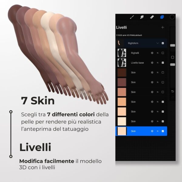 3D Model Procreate tattoo - Braccio Uomo DX - <h4><strong>Modello 3D Procreate per Simulare l'anteprima interattiva del tatuaggio</strong></h4> <img class="alignnone size-full wp-image-1204" src="https://www.artegraffa.it/wp-content/uploads/2024/05/2-3.png" alt="" width="313" height="94" data-wp-editing="1" /> <ul> <li><strong>7 livelli Colore</strong> della pelle</li> <li><strong>1 livello righello</strong> per squadratura stancil</li> <li><strong>1 livello Texture 2D</strong> realistica</li> <li><strong>Importa o disegna</strong> il tuo progetto</li> <li><strong>Compatibile con Procreate</strong> App (disponibile solo per <strong>Apple iPad</strong>)</li> <li><strong>Prodotto digitale</strong> pronto al download</li> <li><strong>Facile da installare</strong> su Procreate</li> <li><a href="https://www.artegraffa.it/installazione-del-prodotto/"><strong>Istruzioni d'installazione</strong></a></li> </ul> <strong>DOWNLOAD ILLIMITATI </strong> <em>Per scaricare i tuoi prodotti dal sito ArteGraffa® devi </em><strong><a href="https://www.artegraffa.it/mio-account/" target="_blank" rel="noopener">Creare la tua utenza</a></strong> <img class="alignnone wp-image-1203 size-full" src="https://www.artegraffa.it/wp-content/uploads/2024/05/1-4.png" alt="" width="313" height="94" />