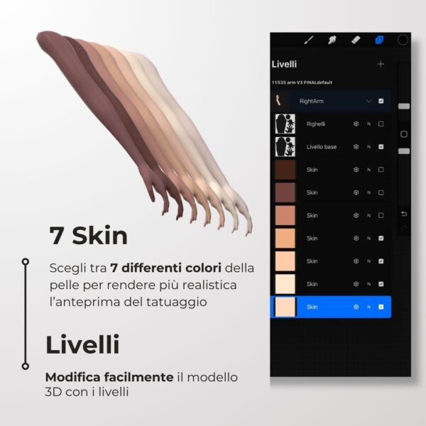 3D Model Procreate tattoo - Braccio Donna SX - <h4><strong>Modello 3D Procreate per Simulare l'anteprima interattiva del tatuaggio</strong></h4> <img class="alignnone size-full wp-image-1204" src="https://www.artegraffa.it/wp-content/uploads/2024/05/2-3.png" alt="" width="313" height="94" data-wp-editing="1" /> <ul> <li><strong>7 livelli Colore</strong> della pelle</li> <li><strong>1 livello righello</strong> per squadratura stancil</li> <li><strong>1 livello Texture 2D</strong> realistica</li> <li><strong>Importa o disegna</strong> il tuo progetto</li> <li><strong>Compatibile con Procreate</strong> App (disponibile solo per <strong>Apple iPad</strong>)</li> <li><strong>Prodotto digitale</strong> pronto al download</li> <li><strong>Facile da installare</strong> su Procreate</li> <li><a href="https://www.artegraffa.it/installazione-del-prodotto/"><strong>Istruzioni d'installazione</strong></a></li> </ul> <strong>DOWNLOAD ILLIMITATI </strong> <em>Per scaricare i tuoi prodotti dal sito ArteGraffa® devi </em><strong><a href="https://www.artegraffa.it/mio-account/" target="_blank" rel="noopener">Creare la tua utenza</a></strong> <img class="alignnone wp-image-1203 size-full" src="https://www.artegraffa.it/wp-content/uploads/2024/05/1-4.png" alt="" width="313" height="94" />