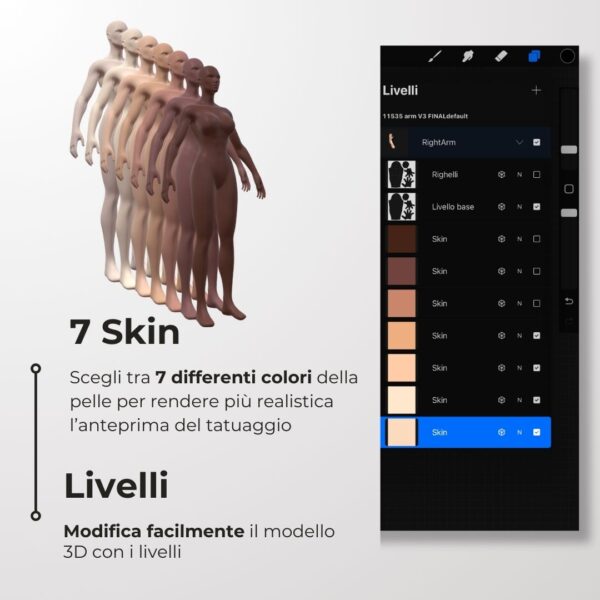 3D Model Procreate tattoo - Corpo Donna Completo - <h4><strong>Modello 3D Procreate per Simulare l'anteprima interattiva del tatuaggio</strong></h4> <img class="alignnone size-full wp-image-1204" src="https://www.artegraffa.it/wp-content/uploads/2024/05/2-3.png" alt="" width="313" height="94" data-wp-editing="1" /> <ul> <li><strong>7 livelli Colore</strong> della pelle</li> <li><strong>1 livello righello</strong> per squadratura stancil</li> <li><strong>1 livello Texture 2D</strong> realistica</li> <li><strong>Importa o disegna</strong> il tuo progetto</li> <li><strong>Compatibile con Procreate</strong> App (disponibile solo per <strong>Apple iPad</strong>)</li> <li><strong>Prodotto digitale</strong> pronto al download</li> <li><strong>Facile da installare</strong> su Procreate</li> <li><a href="https://www.artegraffa.it/installazione-del-prodotto/"><strong>Istruzioni d'installazione</strong></a></li> </ul> <strong>DOWNLOAD ILLIMITATI </strong> <em>Per scaricare i tuoi prodotti dal sito ArteGraffa® devi </em><strong><a href="https://www.artegraffa.it/mio-account/" target="_blank" rel="noopener">Creare la tua utenza</a></strong> <img class="alignnone wp-image-1203 size-full" src="https://www.artegraffa.it/wp-content/uploads/2024/05/1-4.png" alt="" width="313" height="94" />