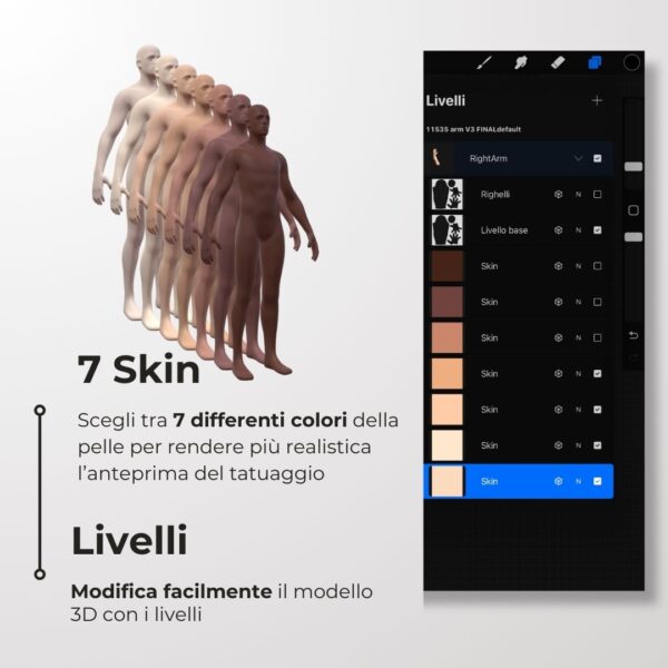 3D Model Procreate tattoo - Corpo Uomo Completo - <h4><strong>Modello 3D Procreate per Simulare l'anteprima interattiva del tatuaggio</strong></h4> <img class="alignnone size-full wp-image-1204" src="https://www.artegraffa.it/wp-content/uploads/2024/05/2-3.png" alt="" width="313" height="94" data-wp-editing="1" /> <ul> <li><strong>7 livelli Colore</strong> della pelle</li> <li><strong>1 livello righello</strong> per squadratura stancil</li> <li><strong>1 livello Texture 2D</strong> realistica</li> <li><strong>Importa o disegna</strong> il tuo progetto</li> <li><strong>Compatibile con Procreate</strong> App (disponibile solo per <strong>Apple iPad</strong>)</li> <li><strong>Prodotto digitale</strong> pronto al download</li> <li><strong>Facile da installare</strong> su Procreate</li> <li><a href="https://www.artegraffa.it/installazione-del-prodotto/"><strong>Istruzioni d'installazione</strong></a></li> </ul> <strong>DOWNLOAD ILLIMITATI </strong> <em>Per scaricare i tuoi prodotti dal sito ArteGraffa® devi </em><strong><a href="https://www.artegraffa.it/mio-account/" target="_blank" rel="noopener">Creare la tua utenza</a></strong> <img class="alignnone wp-image-1203 size-full" src="https://www.artegraffa.it/wp-content/uploads/2024/05/1-4.png" alt="" width="313" height="94" />