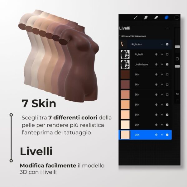 3D Model Procreate tattoo - Busto Donna - <h4><strong>Modello 3D Procreate per Simulare l'anteprima interattiva del tatuaggio</strong></h4> <img class="alignnone size-full wp-image-1204" src="https://www.artegraffa.it/wp-content/uploads/2024/05/2-3.png" alt="" width="313" height="94" data-wp-editing="1" /> <ul> <li><strong>7 livelli Colore</strong> della pelle</li> <li><strong>1 livello righello</strong> per squadratura stancil</li> <li><strong>1 livello Texture 2D</strong> realistica</li> <li><strong>Importa o disegna</strong> il tuo progetto</li> <li><strong>Compatibile con Procreate</strong> App (disponibile solo per <strong>Apple iPad</strong>)</li> <li><strong>Prodotto digitale</strong> pronto al download</li> <li><strong>Facile da installare</strong> su Procreate</li> <li><a href="https://www.artegraffa.it/installazione-del-prodotto/"><strong>Istruzioni d'installazione</strong></a></li> </ul> <strong>DOWNLOAD ILLIMITATI </strong> <em>Per scaricare i tuoi prodotti dal sito ArteGraffa® devi </em><strong><a href="https://www.artegraffa.it/mio-account/" target="_blank" rel="noopener">Creare la tua utenza</a></strong> <img class="alignnone wp-image-1203 size-full" src="https://www.artegraffa.it/wp-content/uploads/2024/05/1-4.png" alt="" width="313" height="94" />