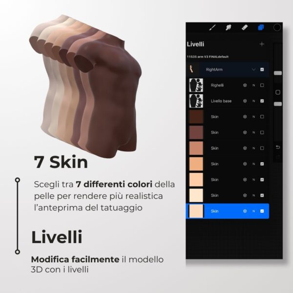 3D Model Procreate tattoo - Busto Uomo - <h4><strong>Modello 3D Procreate per Simulare l'anteprima interattiva del tatuaggio</strong></h4> <img class="alignnone size-full wp-image-1204" src="https://www.artegraffa.it/wp-content/uploads/2024/05/2-3.png" alt="" width="313" height="94" data-wp-editing="1" /> <ul> <li><strong>7 livelli Colore</strong> della pelle</li> <li><strong>1 livello righello</strong> per squadratura stancil</li> <li><strong>1 livello Texture 2D</strong> realistica</li> <li><strong>Importa o disegna</strong> il tuo progetto</li> <li><strong>Compatibile con Procreate</strong> App (disponibile solo per <strong>Apple iPad</strong>)</li> <li><strong>Prodotto digitale</strong> pronto al download</li> <li><strong>Facile da installare</strong> su Procreate</li> <li><a href="https://www.artegraffa.it/installazione-del-prodotto/"><strong>Istruzioni d'installazione</strong></a></li> </ul> <strong>DOWNLOAD ILLIMITATI </strong> <em>Per scaricare i tuoi prodotti dal sito ArteGraffa® devi </em><strong><a href="https://www.artegraffa.it/mio-account/" target="_blank" rel="noopener">Creare la tua utenza</a></strong> <img class="alignnone wp-image-1203 size-full" src="https://www.artegraffa.it/wp-content/uploads/2024/05/1-4.png" alt="" width="313" height="94" />