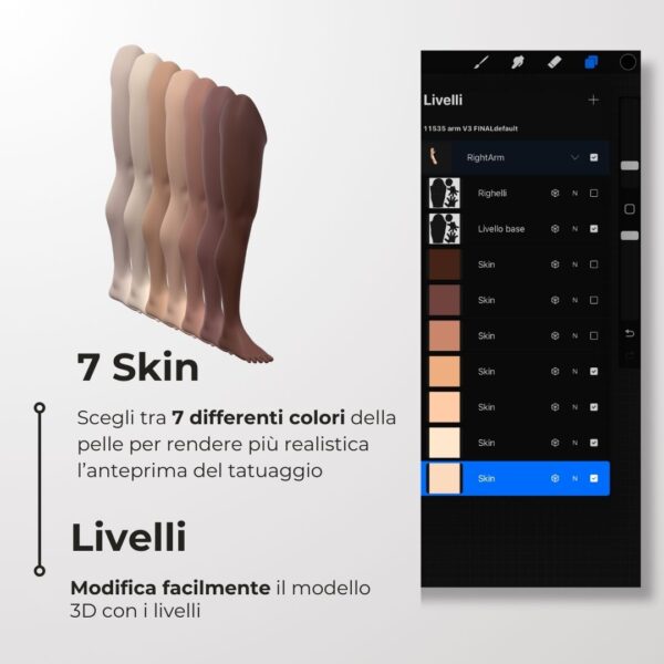 3D Model Procreate tattoo - Gamba Donna DX - <h4><strong>Modello 3D Procreate per Simulare l'anteprima interattiva del tatuaggio</strong></h4> <img class="alignnone size-full wp-image-1204" src="https://www.artegraffa.it/wp-content/uploads/2024/05/2-3.png" alt="" width="313" height="94" data-wp-editing="1" /> <ul> <li><strong>7 livelli Colore</strong> della pelle</li> <li><strong>1 livello righello</strong> per squadratura stancil</li> <li><strong>1 livello Texture 2D</strong> realistica</li> <li><strong>Importa o disegna</strong> il tuo progetto</li> <li><strong>Compatibile con Procreate</strong> App (disponibile solo per <strong>Apple iPad</strong>)</li> <li><strong>Prodotto digitale</strong> pronto al download</li> <li><strong>Facile da installare</strong> su Procreate</li> <li><a href="https://www.artegraffa.it/installazione-del-prodotto/"><strong>Istruzioni d'installazione</strong></a></li> </ul> <strong>DOWNLOAD ILLIMITATI </strong> <em>Per scaricare i tuoi prodotti dal sito ArteGraffa® devi </em><strong><a href="https://www.artegraffa.it/mio-account/" target="_blank" rel="noopener">Creare la tua utenza</a></strong> <img class="alignnone wp-image-1203 size-full" src="https://www.artegraffa.it/wp-content/uploads/2024/05/1-4.png" alt="" width="313" height="94" />