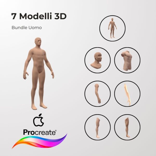 Bundle Pack Uomo - 3D Model - <h4><strong>7 ModellI 3D Procreate per Simulare l'anteprima interattiva del tatuaggio</strong></h4> <img class="alignnone size-full wp-image-1204" src="https://www.artegraffa.it/wp-content/uploads/2024/05/2-3.png" alt="" width="313" height="94" data-wp-editing="1" /> <strong>MODELLI:</strong> <ul> <li><strong>Testa</strong></li> <li><strong>Braccio uomo Dx</strong></li> <li><strong>Braccio uomo Sx</strong></li> <li><strong>Gamba uomo Dx</strong></li> <li><strong>Gamba uomo Sx</strong></li> <li><strong>Busto uomo</strong></li> <li><strong>Corpo completo uomo</strong></li> </ul>   <ul> <li><strong>7 livelli Colore</strong> della pelle</li> <li><strong>1 livello righello</strong> per squadratura stancil</li> <li><strong>1 livello Texture 2D</strong> realistica</li> <li><strong>Importa o disegna</strong> il tuo progetto</li> <li><strong>Compatibile con Procreate</strong> App (disponibile solo per <strong>Apple iPad</strong>)</li> <li><strong>Prodotto digitale</strong> pronto al download</li> <li><strong>Facile da installare</strong> su Procreate</li> <li><a href="https://www.artegraffa.it/installazione-del-prodotto/"><strong>Istruzioni d'installazione</strong></a></li> </ul> <strong>DOWNLOAD ILLIMITATI </strong> <em>Per scaricare i tuoi prodotti dal sito ArteGraffa® devi </em><strong><a href="https://www.artegraffa.it/mio-account/" target="_blank" rel="noopener">Creare la tua utenza</a></strong> <img class="alignnone wp-image-1203 size-full" src="https://www.artegraffa.it/wp-content/uploads/2024/05/1-4.png" alt="" width="313" height="94" />