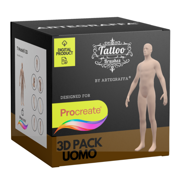 Bundle Pack Uomo - 3D Model - <h4><strong>7 ModellI 3D Procreate per Simulare l'anteprima interattiva del tatuaggio</strong></h4> <img class="alignnone size-full wp-image-1204" src="https://www.artegraffa.it/wp-content/uploads/2024/05/2-3.png" alt="" width="313" height="94" data-wp-editing="1" /> <strong>MODELLI:</strong> <ul> <li><strong>Testa</strong></li> <li><strong>Braccio uomo Dx</strong></li> <li><strong>Braccio uomo Sx</strong></li> <li><strong>Gamba uomo Dx</strong></li> <li><strong>Gamba uomo Sx</strong></li> <li><strong>Busto uomo</strong></li> <li><strong>Corpo completo uomo</strong></li> </ul>   <ul> <li><strong>7 livelli Colore</strong> della pelle</li> <li><strong>1 livello righello</strong> per squadratura stancil</li> <li><strong>1 livello Texture 2D</strong> realistica</li> <li><strong>Importa o disegna</strong> il tuo progetto</li> <li><strong>Compatibile con Procreate</strong> App (disponibile solo per <strong>Apple iPad</strong>)</li> <li><strong>Prodotto digitale</strong> pronto al download</li> <li><strong>Facile da installare</strong> su Procreate</li> <li><a href="https://www.artegraffa.it/installazione-del-prodotto/"><strong>Istruzioni d'installazione</strong></a></li> </ul> <strong>DOWNLOAD ILLIMITATI </strong> <em>Per scaricare i tuoi prodotti dal sito ArteGraffa® devi </em><strong><a href="https://www.artegraffa.it/mio-account/" target="_blank" rel="noopener">Creare la tua utenza</a></strong> <img class="alignnone wp-image-1203 size-full" src="https://www.artegraffa.it/wp-content/uploads/2024/05/1-4.png" alt="" width="313" height="94" />