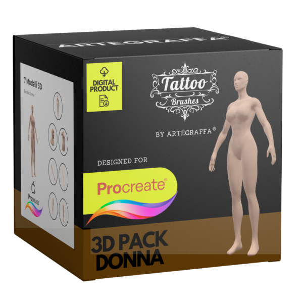 Bundle Pack Donna - 3D Model - <h4><strong>7 ModellI 3D Procreate per Simulare l'anteprima interattiva del tatuaggio</strong></h4> <img class="alignnone size-full wp-image-1204" src="https://www.artegraffa.it/wp-content/uploads/2024/05/2-3.png" alt="" width="313" height="94" data-wp-editing="1" /> <strong>MODELLI:</strong> <ul> <li><strong>Testa</strong></li> <li><strong>Braccio donna Dx</strong></li> <li><strong>Braccio donna Sx</strong></li> <li><strong>Gamba donna Dx</strong></li> <li><strong>Gamba donna Sx</strong></li> <li><strong>Busto donna</strong></li> <li><strong>Corpo completo donna</strong></li> </ul>   <ul> <li><strong>7 livelli Colore</strong> della pelle</li> <li><strong>1 livello righello</strong> per squadratura stancil</li> <li><strong>1 livello Texture 2D</strong> realistica</li> <li><strong>Importa o disegna</strong> il tuo progetto</li> <li><strong>Compatibile con Procreate</strong> App (disponibile solo per <strong>Apple iPad</strong>)</li> <li><strong>Prodotto digitale</strong> pronto al download</li> <li><strong>Facile da installare</strong> su Procreate</li> <li><a href="https://www.artegraffa.it/installazione-del-prodotto/"><strong>Istruzioni d'installazione</strong></a></li> </ul> <strong>DOWNLOAD ILLIMITATI </strong> <em>Per scaricare i tuoi prodotti dal sito ArteGraffa® devi </em><strong><a href="https://www.artegraffa.it/mio-account/" target="_blank" rel="noopener">Creare la tua utenza</a></strong> <img class="alignnone wp-image-1203 size-full" src="https://www.artegraffa.it/wp-content/uploads/2024/05/1-4.png" alt="" width="313" height="94" />